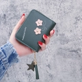 Short dark green PU leather wallet for women with floral applique and star tassel charm - Green