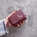 Short tri-fold dark red PU leather wallet with cute rabbit patch and fish charm - Burgundy