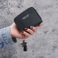 Mini black zipper wallet with silver lettering, gray star charm and black leather tassel - Black