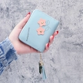 Light blue PU leather short wallet featuring cute pink floral accents and zipper closure - Blue