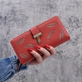 Long red leaf hollowed-out women wallet with gold leaf pendant and snap closure - Brown