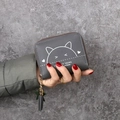Short grey zip-around wallet with cute cat print and tassel star charm for women - Dark Gray