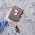 Short dark gray PU leather wallet with cute pink flower embroidery and tassel charm - Dark Gray