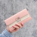 Pink and beige two-tone long wallet for women with silver metal buckle and engraving - Pink