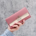 Three-fold long PU leather women's wallet in pink and cream with a metal buckle - Deep Pink