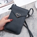 Borsa porta cellulare nera trama litchi con fibbia a cuore dorata e tracolla - Nero