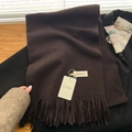 Dark coffee brown fringed baby fleece scarf with soft cashmere-feel on black suit - Dark Coffee