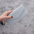 Light blue long envelope wallet with heart pendant and lychee leather texture - Light Gray