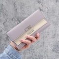Slim tri-fold faux leather long wallet for women in lavender and cream color block design - Purple