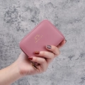 Pink matte leather accordion card holder with golden cat motif and zipper closure - Rose Red