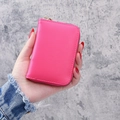 Bright pink lychee textured leather accordion card holder wallet with golden zipper - Rose Red