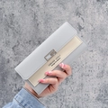 Women's long tri-fold PU leather wallet in grey and beige with silver buckle - Light Gray