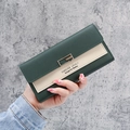 Women's long trifold wallet in dark green and cream contrast PU leather with metal buckle - Green