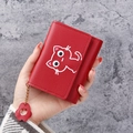 Short red tri-fold PU leather wallet for women with cute cat print and paw charm - Burgundy