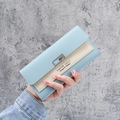 Three-fold light blue and beige PU leather long wallet with rectangular metal buckle clasp - Blue