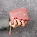 Women's pink short zipper wallet with cute cat print and stylish leather tassel - Deep Pink