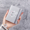 Short tri-fold light grey PU leather wallet with cute cat print and paw charm - Light Gray
