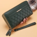 Women's long green dual zipper wallet with classic diamond quilted pattern and wristlet - Green