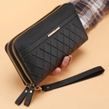 Women long black pebble leather wallet with double zipper and quilted rhombic pattern - Black
