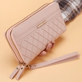 Pink quilted PU leather long wallet for women with double zippers and wristlet strap - Pink