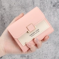 Short bi-fold wallet for women in pink and beige leather with gold square buckle - Light Pink