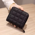 Classic black quilted leather mini wallet with zipper closure and checkered pattern - Black