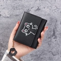 Short black textured leather wallet for women with cartoon cat pattern and flower charm - Black