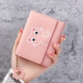 Pink minimalist trifold wallet with cat pattern and cute paw pendant charm accessory - Pink
