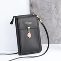 Black litchi pattern crossbody phone bag with leaf charm and zipper closure - Black