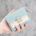 Women's minimalist light blue and beige bi-fold wallet with gold metal buckle - Light Blue
