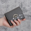 Short dark grey wallet for women featuring white cherry blossoms and golden flower clasp - Gray