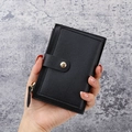 Slim black PU leather card holder wallet with gold snap button and zipper coin pocket - Black
