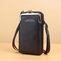 Pochette téléphone en cuir grainé noir avec fermoir boule doré et double compartiment zippé - Noir