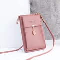 Pink minimalist crossbody phone bag for women with gold leaf pendant and shoulder strap - Deep Pink