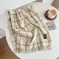Soft cream and black checkered scarf with fringe tassels and vintage woven label - Large Plaid Beige White