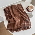 Coffee plaid scarf in thick faux cashmere with fringe and small fabric label - Large Plaid Caramel