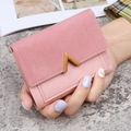 Pink minimalist tri-fold women wallet with textured faux leather and gold V-shaped buckle - Pink
