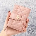 Pink quilted leather short wallet with gold double ring buckle and zipper pocket - Deep Pink