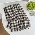 Classic black and white plaid wool-like scarf with soft fringe and vintage woven label - Twill Small Grid Gray Beige