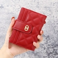 Red quilted PU leather wallet with gold ring buckle and functional card slots - Burgundy
