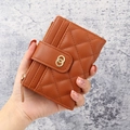 Brown quilted short wallet with multiple card slots and golden ring buckle detail - Brown
