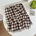 Brown and cream plaid cashmere-like scarf featuring soft fringe and vintage label - Twill Small Grid Coffee Beige