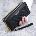 Portefeuille long matelassé noir pour femme avec double fermeture éclair et dragonne amovible - Noir