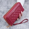 Portefeuille long rouge en similicuir matelassé pour femme avec double fermeture - Rouge