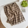 Brown and tan plaid scarf with fringe and retro patch on white background - Twill Small Grid Gray Green