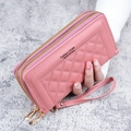 Portefeuille long rose matelassé avec double fermeture éclair et dragonne chic - Rose foncé