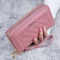 Portefeuille long matelassé rose pour femmes avec double fermeture et dragonne - Rose Foncé