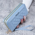 Portefeuille long femme en similicuir bleu clair matelassé avec double zip doré - Bleu