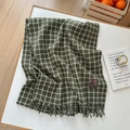 Green and white plaid cashmere-like scarf with fringe edges and brand label detail - Slanted Line Small Grid Green