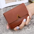 Short minimalist tri-fold wallet for women in dark brown matte PU leather with V-gold buckle - Brown